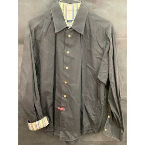 Burberry London Mens Black Button-Up Shirt With Striped Inner Collar & Cuffs Lg